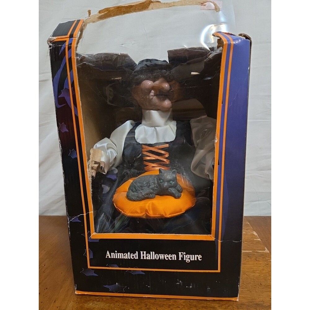 Gemmy Halloween Factory Animated Witch Petting Her Cat NIB NEW Damaged Box 1995